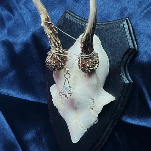 Pendentif en argent et opale suspendu aux cornes d'un crâne de chevreuil sur fond de satin bleu.