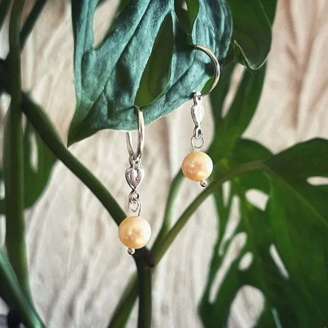 Créoles en argent avec pendentif cœur et perle d'eau douce beige, suspendues à une feuille verte.