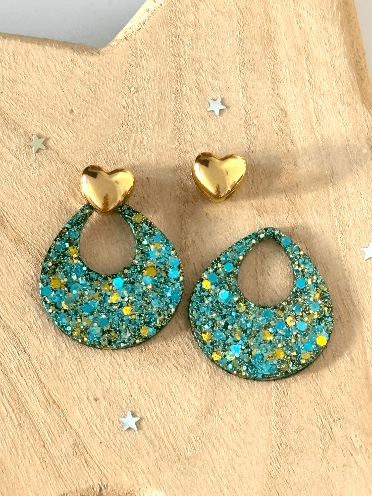Boucles d'oreilles Queen à paillettes turquoise et doré