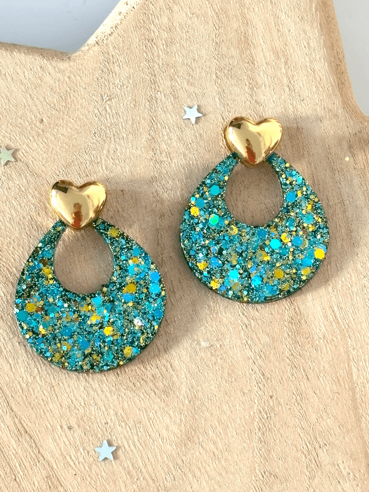 Boucles d'oreilles Queen à paillettes turquoise et doré